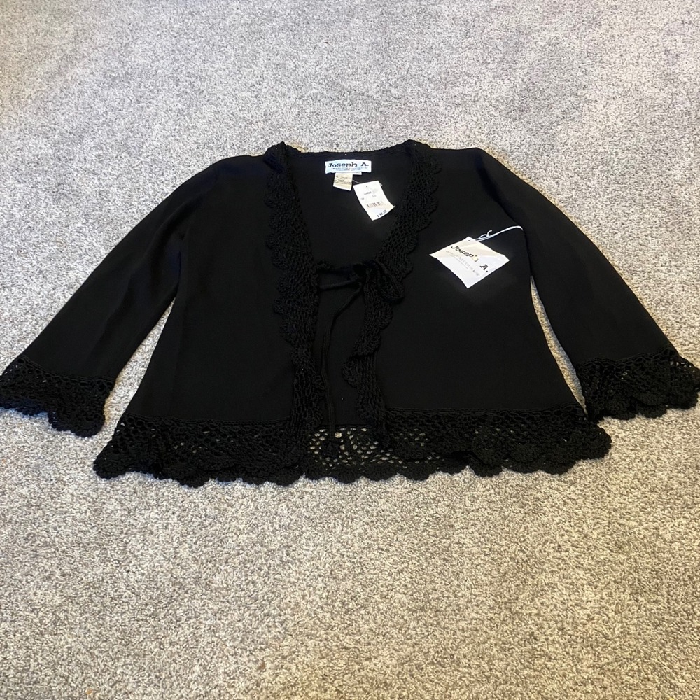 Vintage Dead Stock Black Crochet Lace Trim Tie Cardigan Sweater NWT Whimsigoth
